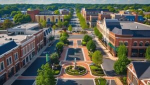 Aerial view of Alpharetta, Georgia’s downtown area with brick buildings, tree-lined streets, and a central fountain.