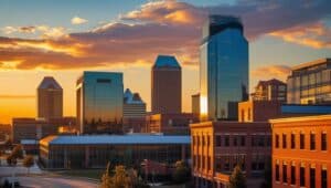 Sunset skyline of Alpharetta, Georgia, featuring modern glass skyscrapers, historic brick buildings, and a colorful evening sky.