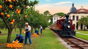 An orange grove in Apopka, Florida, with workers harvesting oranges near a historic train station and vintage train, representing the city’s rich agricultural heritage and historic charm.