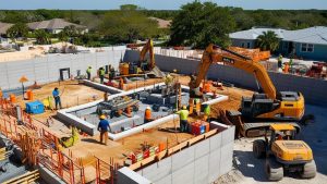 Construction workers and equipment at a bustling construction site in Apopka, Florida, illustrating active development projects in the area with modern building structures in progress.