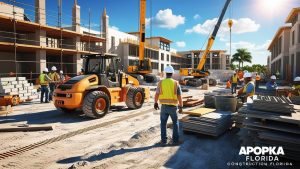 A vibrant construction site in Apopka, Florida, featuring workers, heavy machinery, and ongoing project development under a clear sky, showcasing the region's growth and infrastructure advancements.