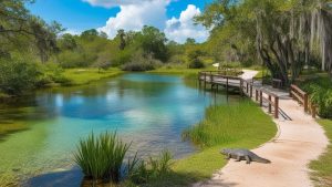 A scenic view of Apopka, Florida, featuring a serene natural waterway with lush greenery, a walking path, and a basking alligator, highlighting the city’s natural beauty and recreational opportunities.