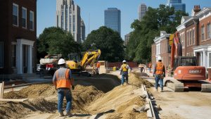 Urban construction workers in Arlington Heights, Illinois, surrounded by modern buildings, showcasing growth and infrastructure development.