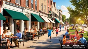 Vibrant streets of Arlington Heights, Illinois, featuring outdoor dining, families enjoying meals, and children playing in a lively community setting.