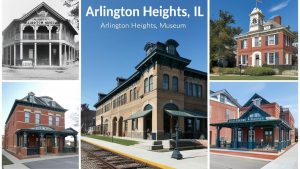 Collage of Arlington Heights, Illinois, landmarks featuring the Arlington Heights Museum and historic architecture.