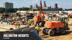 Active construction site in Arlington Heights, Illinois, with workers and machinery, highlighting development and progress in the area.