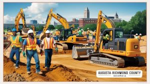 Construction workers and excavators actively operating on a site in Augusta-Richmond County, Georgia, with a city skyline in the background, highlighting urban development projects.