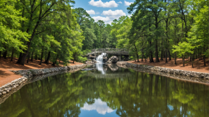 A serene view of a forested area in Augusta-Richmond County, Georgia, with a picturesque bridge and cascading waterfall reflecting in a tranquil pond.