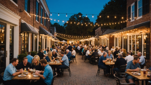 A vibrant outdoor dining scene in Augusta-Richmond County, Georgia, with people enjoying meals under string lights in a charming brick-paved courtyard.