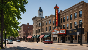 Charming historic district in Aurora, Illinois, featuring the iconic Aurora Theater marquee, tree-lined streets, and classic architecture on a bustling main street.