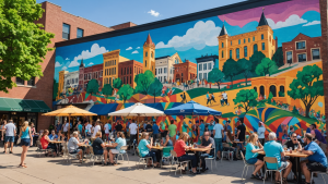 Vibrant downtown Aurora, Illinois, showcasing a colorful mural, outdoor dining, and lively community engagement on a sunny day.