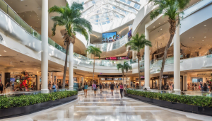 The interior of a modern shopping mall in Aventura, Florida, with lush palm trees, glass railings, and shoppers exploring various retail stores.