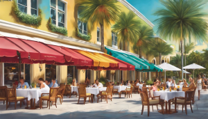 Charming outdoor dining area in Aventura, Florida, with colorful awnings, palm trees, and people enjoying meals in the sunshine.