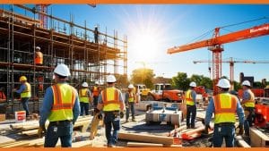 Team of construction workers wearing safety gear at a Bloomington, Illinois, construction site, framed by scaffolding and a bright sunny sky.