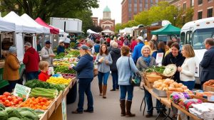 A lively farmers market in Bloomington, Illinois, featuring colorful stalls of fresh produce, smiling vendors, and engaged shoppers on a bright day.