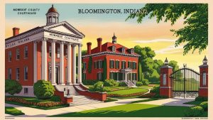 Illustration of the historic Monroe County Courthouse in Bloomington, Indiana, with its classical architecture and lush surrounding greenery.