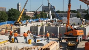 Construction workers in Bloomington, Illinois, building a large structure with cranes and heavy equipment under a clear blue sky.