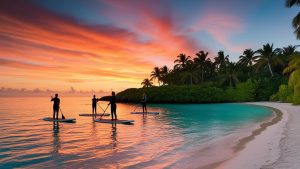 Serene sunset over a Bonita Springs, Florida, beach with paddleboarders gliding on calm waters surrounded by lush greenery and palm trees.