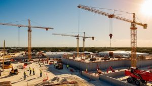 Large construction site in Bonita Springs, Florida, featuring cranes, construction vehicles, and workers, highlighting infrastructure and commercial development during sunset.