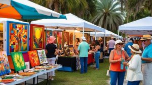 Vibrant art festival in Bonita Springs, Florida, with colorful artwork displayed in booths, attended by smiling locals and visitors enjoying the community event.