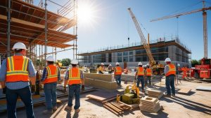 Construction workers in bright safety vests at a building site in Champaign, Illinois, surrounded by scaffolding, cranes, and new structures in progress.