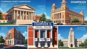 A collage showcasing iconic landmarks in Champaign, Illinois, including the historic Champaign County Courthouse, Virginia Theatre, and Altgeld Hall.