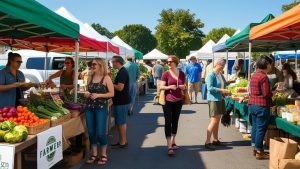 Vibrant farmer's market in Champaign, Illinois, featuring fresh produce stalls, local vendors, and visitors enjoying the community atmosphere under colorful tents.