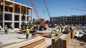 Active construction site in Champaign, Illinois, with workers, cranes, and modern building structures under development in the background.