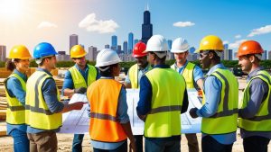 Diverse team of construction professionals reviewing blueprints at a job site in Chicago, with the city's skyline and clear blue sky in the background.