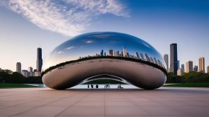 The Cloud Gate (Bean) sculpture in Millennium Park with the Chicago skyline reflecting on its polished surface, showcasing the city's iconic architecture and vibrant culture.