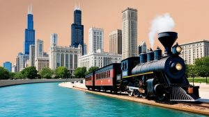 Historic steam locomotive parked along a scenic canal with the Chicago skyline in the background, blending the city's rich history and modern urban charm.