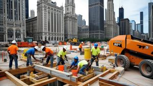 Construction workers collaborating on a project site in downtown Chicago, surrounded by the city's distinctive skyscrapers and historic architecture.