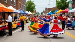 Festive street market in Cicero, Illinois, showcasing vibrant cultural performances with dancers in traditional attire and colorful vendor booths.