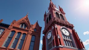 Historic red brick clock tower and gothic architecture in Cicero, Illinois, under a clear blue sky.