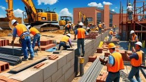 Team of construction workers laying bricks and managing equipment at a large-scale construction site in Cicero, Illinois.