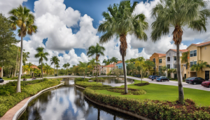 A serene view of Coconut Creek, Florida, highlighting a landscaped canal with palm trees, residential buildings, and well-manicured green spaces under a partly cloudy sky.