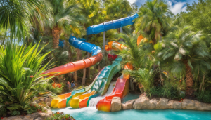 Colorful water slides winding through lush tropical greenery at a popular recreational park in Coconut Creek, Florida, offering a fun and scenic destination for families.