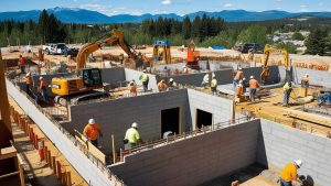 Active construction site in Coeur d'Alene, Idaho, with workers building concrete foundations and operating heavy equipment against a backdrop of forested hills and blue skies.