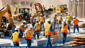 Busy construction site in Elgin, Illinois, with workers in yellow safety vests operating machinery and building foundations for urban development projects.