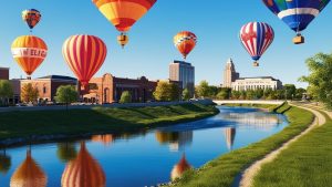 Colorful hot air balloons floating over the scenic river and downtown skyline of Elgin, Illinois, celebrating the city’s vibrant community events and attractions.