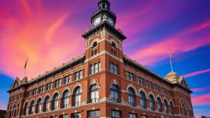 Historic red-brick building with a clock tower in downtown Elgin, Illinois, under a vibrant sunset sky, showcasing local architecture and civic pride.