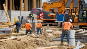 Construction workers in orange safety vests operating heavy equipment on a large construction site in Elgin, Illinois, highlighting infrastructure development in the city.