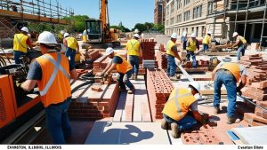 Construction workers in Evanston, Illinois, laying bricks and assembling scaffolding for a new building project in a bustling downtown area.