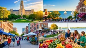 Evanston, Illinois - A view of historic architecture and vibrant community spaces, featuring scenic parks and waterfronts with sailboats on Lake Michigan.