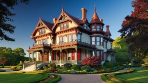 Elegant Victorian-style mansion surrounded by manicured gardens in Evanston, Illinois, showcasing the city’s rich architectural heritage.