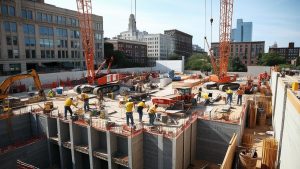 Construction site in Evanston, Illinois with workers, cranes, and heavy machinery actively building a large-scale urban development project.