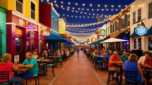 A lively downtown Fort Myers street at night, with string lights, colorful storefronts, outdoor dining, and a vibrant crowd enjoying the atmosphere.