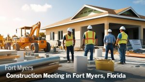 onstruction professionals in high-visibility vests at a Fort Myers, Florida, job site, discussing plans in front of a partially built structure with machinery in the background.