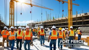 Construction workers in Fort Pierce, Florida, wearing orange vests and white hard hats, standing on-site with cranes and scaffolding in the background.