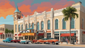 Vintage-style illustration of downtown Fort Pierce, Florida, showcasing historic buildings, a classic theater marquee, palm trees, and retro cars parked along the street.